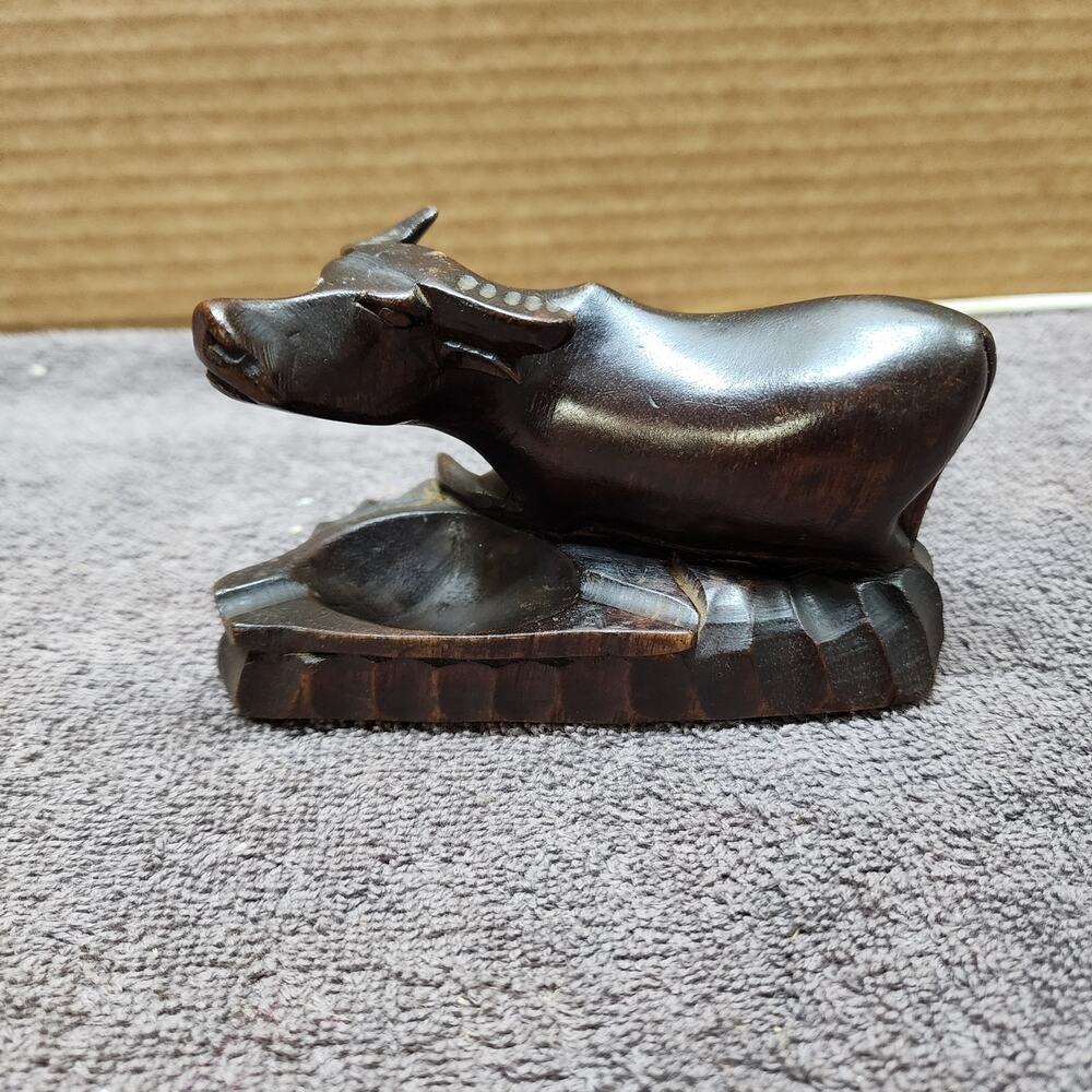 Vintage Bull bison wooden figurine 1969 chipped horn signed U